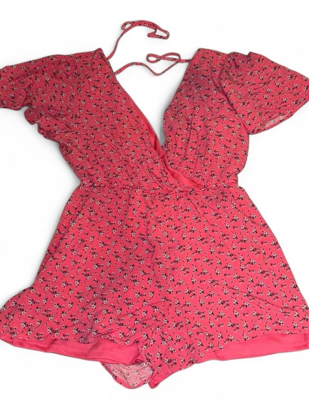 Pink Floral Summer Romper with Flutter Sleeves